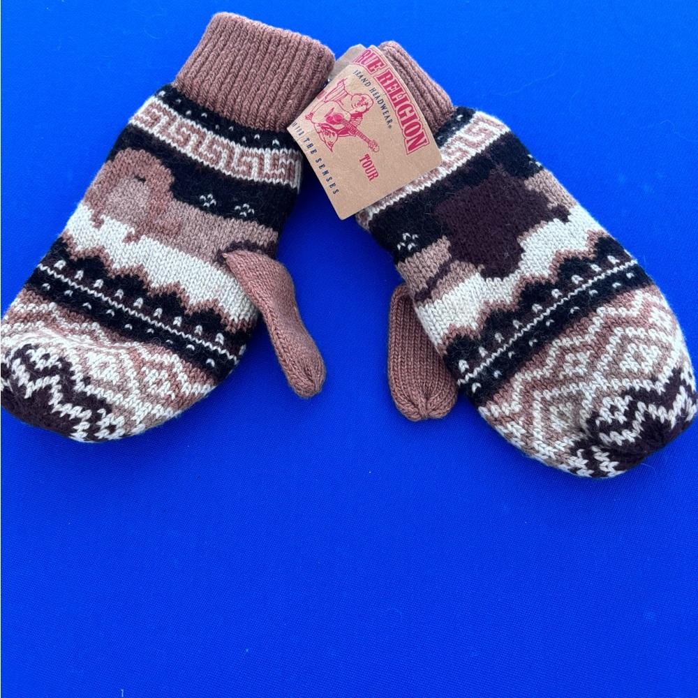 True Religion Brown and Cream Knit Mittens